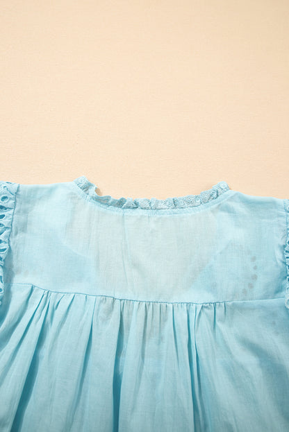Mist Blue Embroidered Lace Patchwork Tie Neck Puff Short Sleeve Blouse