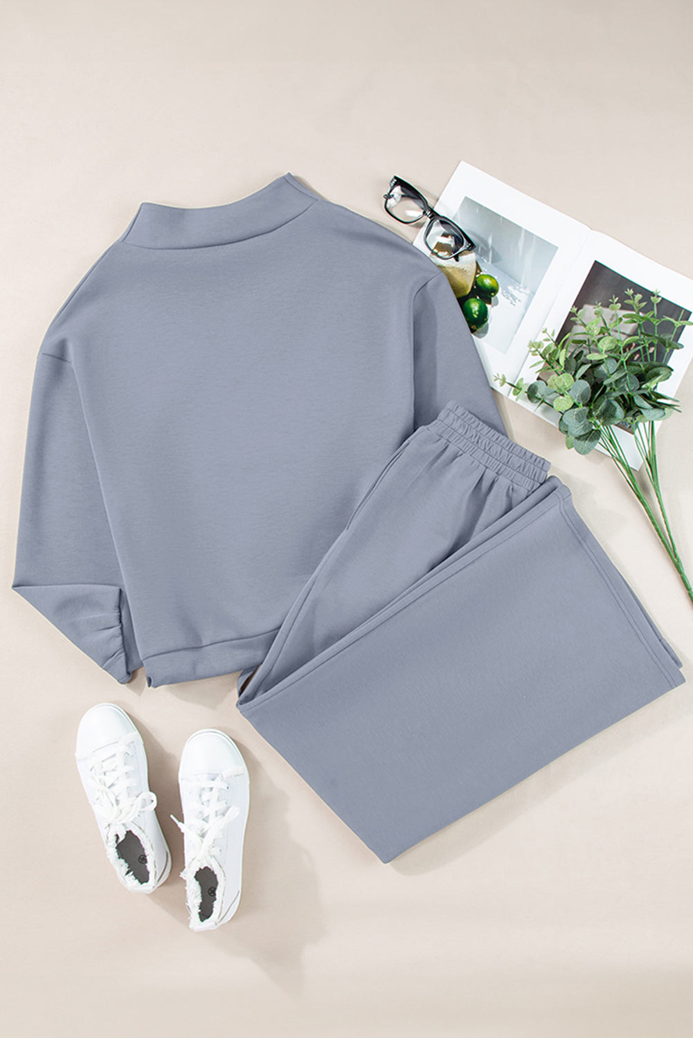 Dusk Blue Solid Color Cowl Neck Drawstring Pullover Wide Leg Athleisure Pants Set