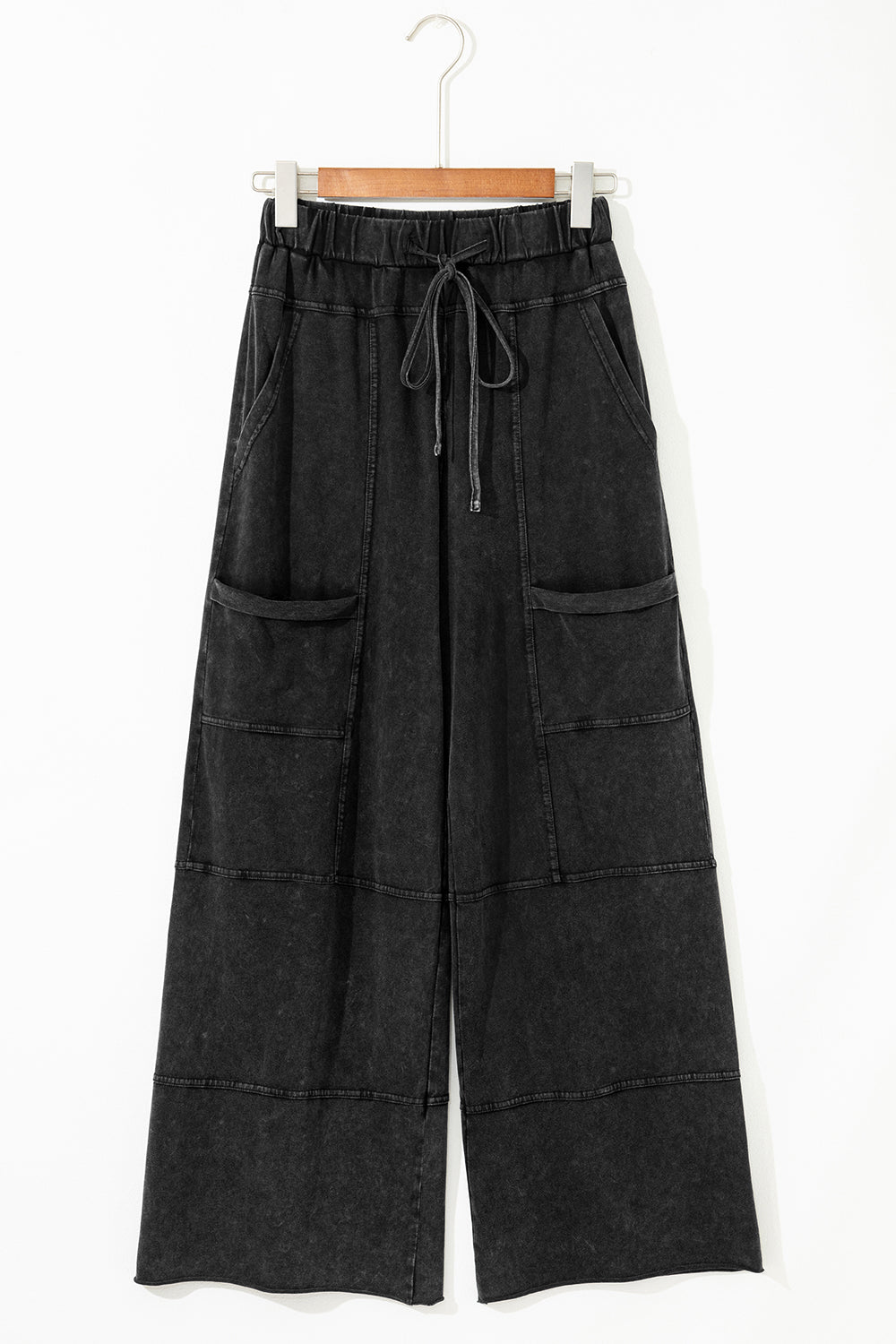 Black Mineral Wash Exposed Seam Drawstring High Waist Wide Leg Cargo Pants