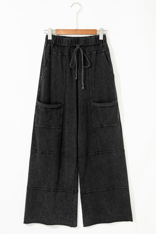 Black Mineral Wash Exposed Seam Drawstring High Waist Wide Leg Cargo Pants