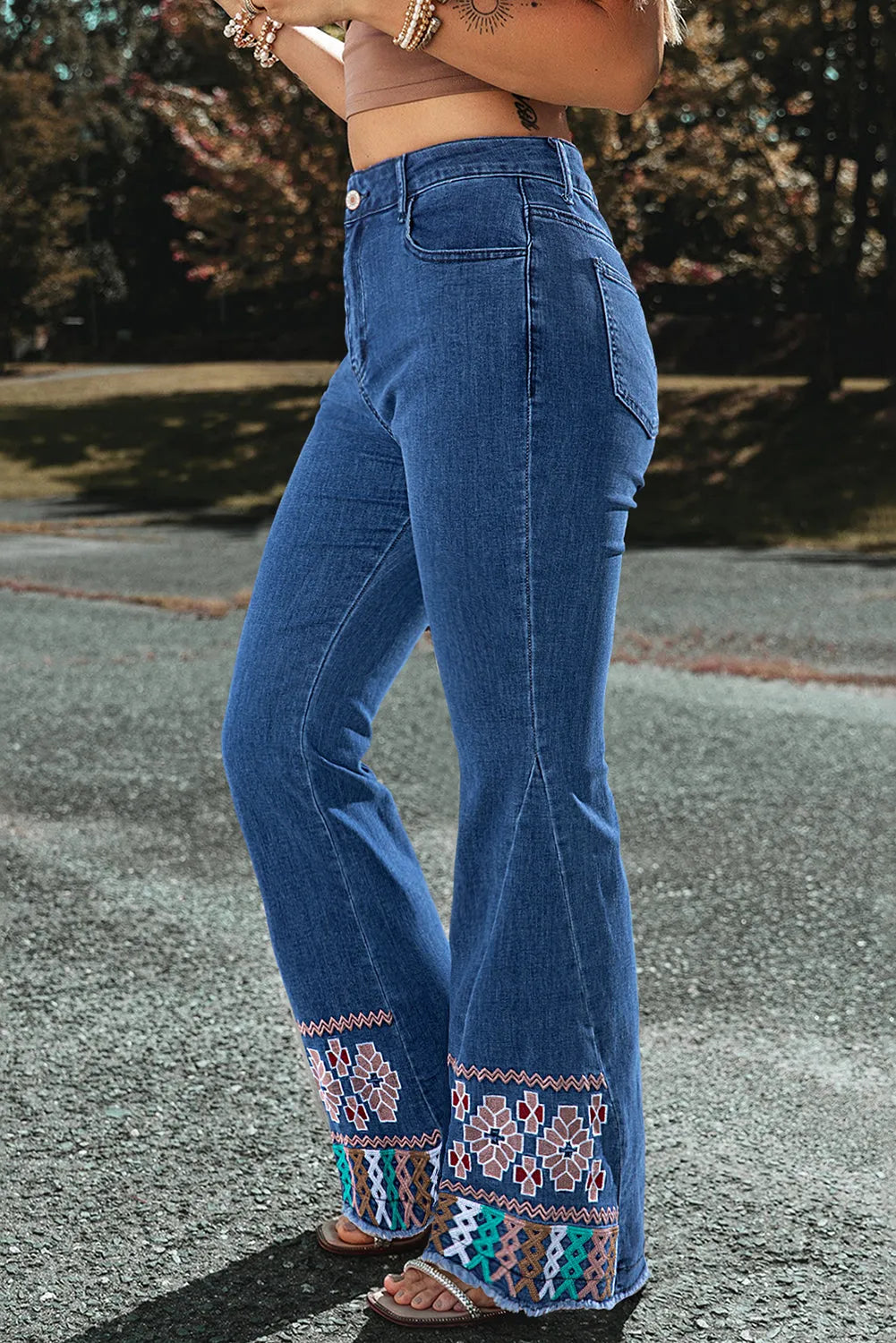 Ashleigh Blue Geometric Embroidered Raw Hem Flared Jeans - Chic Meadow Boutique 