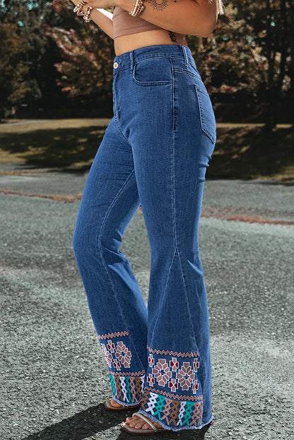 Ashleigh Blue Geometric Embroidered Raw Hem Flared Jeans - Chic Meadow Boutique 