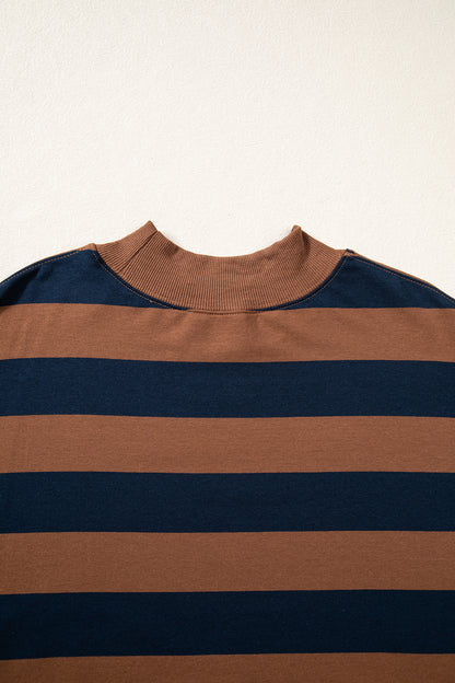 Brown Stripe Colorblock Mock Neck Relaxed Sweatshirt