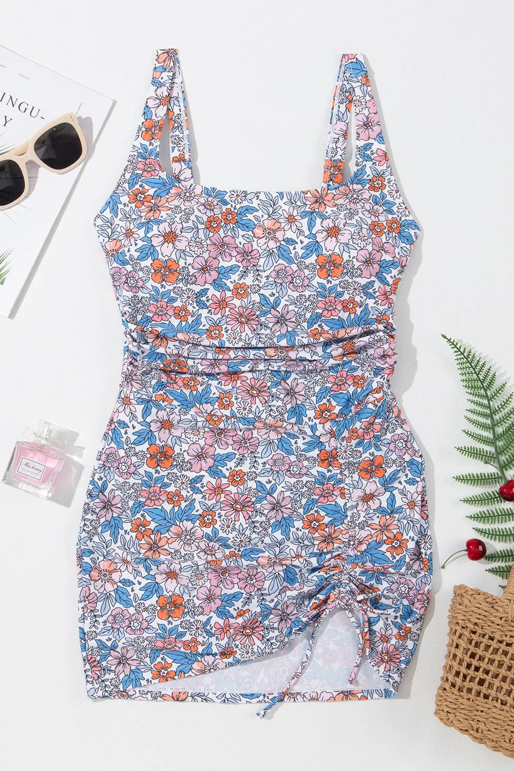 Swimwear/One Piece Swimsuit Pink Drawstring Ruched Floral Swim Dress