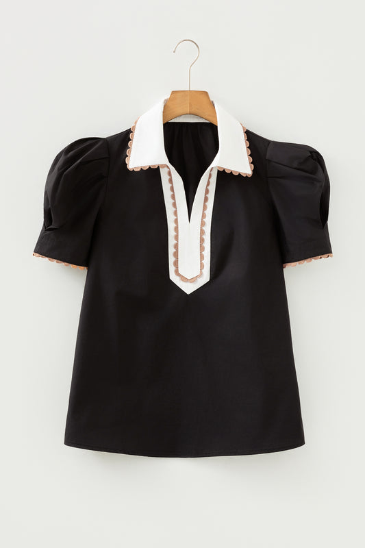 Black Ricrac Trim Color Block Patchwork Shirt Collar Short Sleeve Blouse