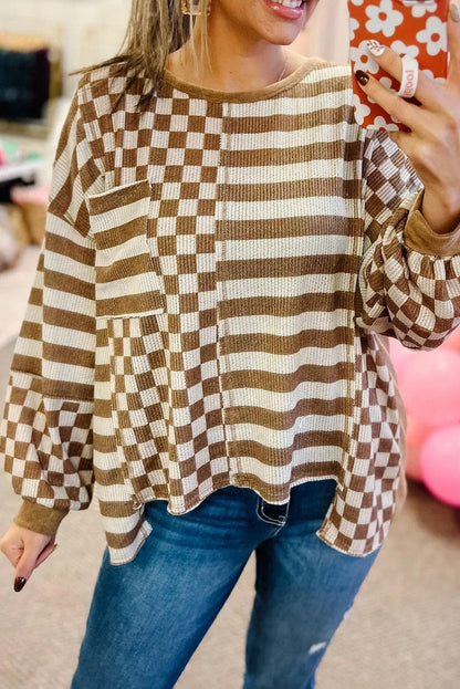 Plus Size/Plus Size Tops/Plus Size Long Sleeve Tops Khaki Striped Checkered Mixed Print Chest Pocket Casual Plus Size Top