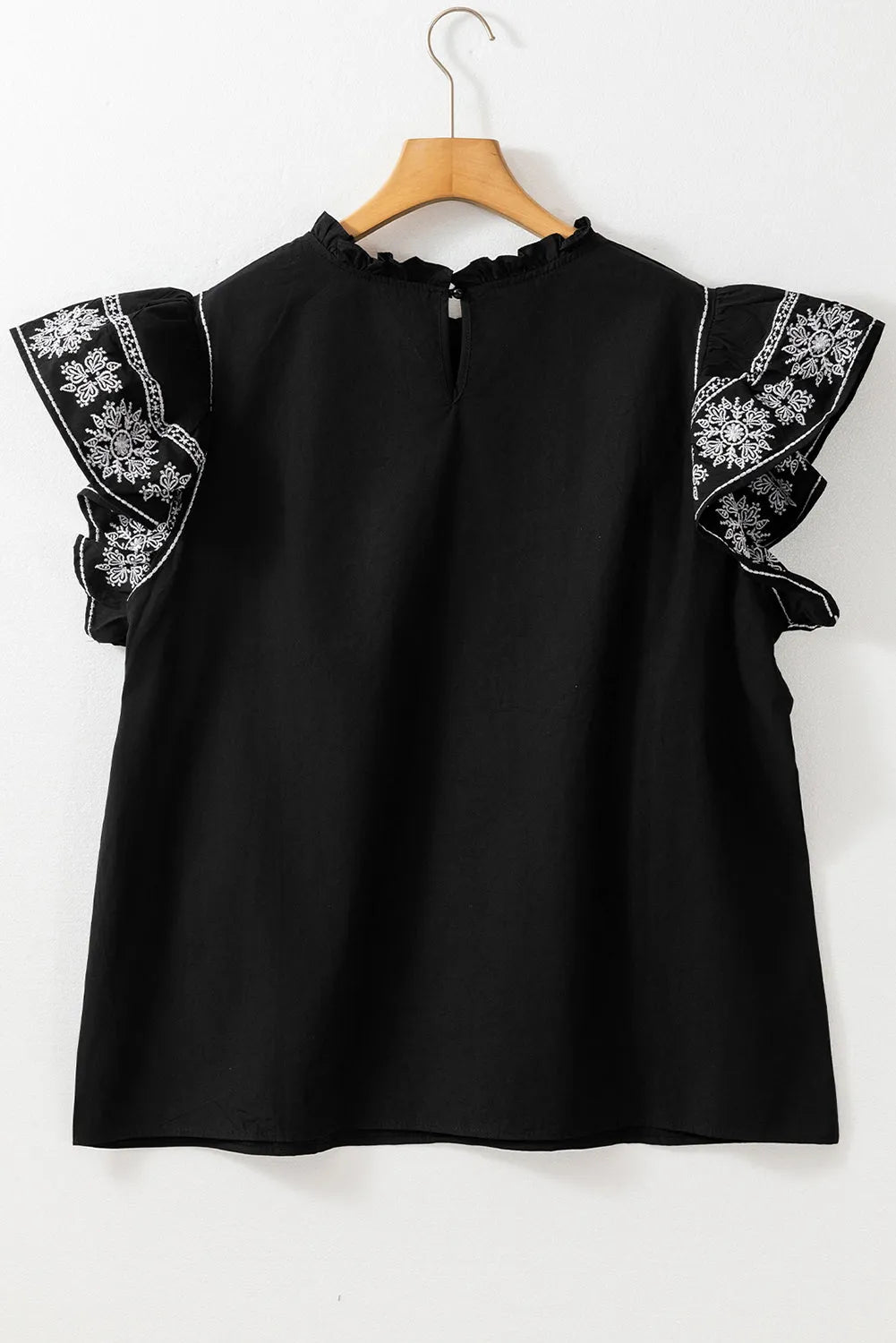 Black Embroidered Ruffled Sleeve Frilled Collar Blouse - Chic Meadow Boutique 