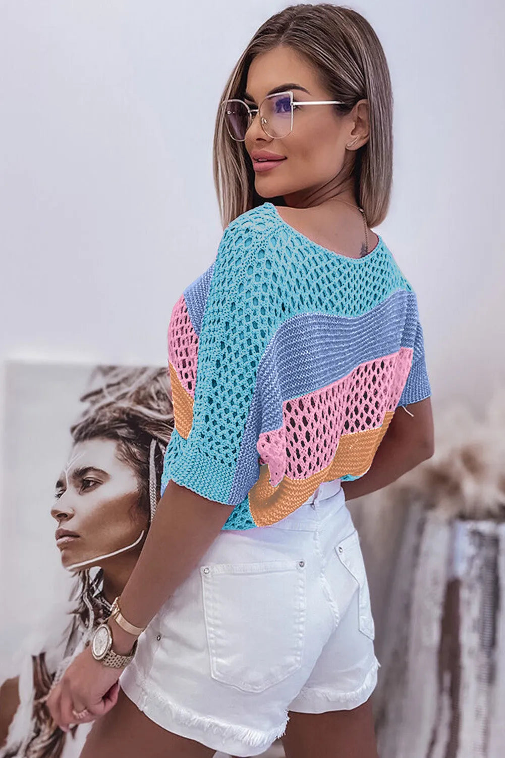 Sky Blue Knitted Eyelet Colorblock Striped Half Sleeves Top - Chic Meadow Boutique 