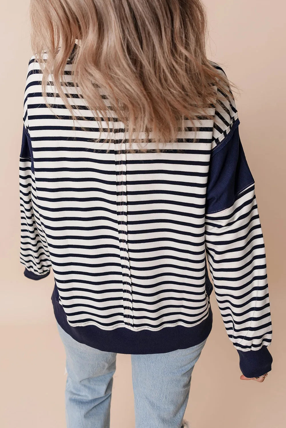 White Stripe Color Block Exposed Seam Loose Fit Sweatshirt - Chic Meadow Boutique 