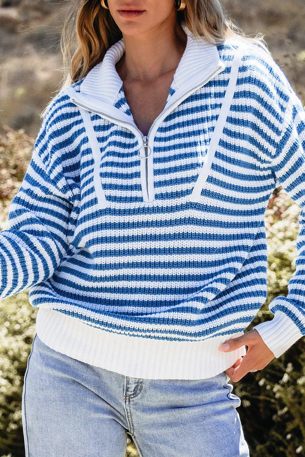 Sky Blue Stripe Zip up Collar Drop Shoulder Sweater - Chic Meadow Boutique 