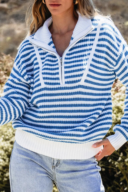 Sky Blue Stripe Zip up Collar Drop Shoulder Sweater - Chic Meadow Boutique 