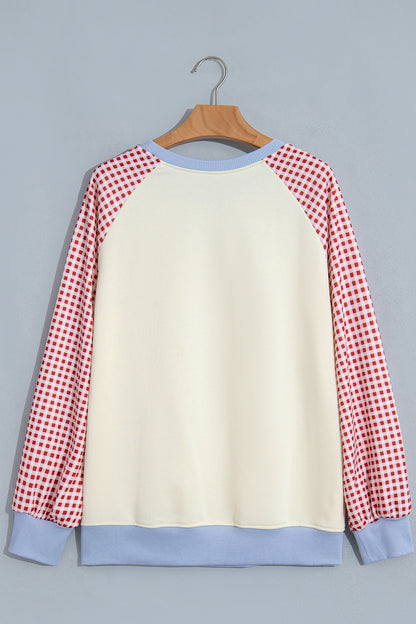 Beige Plaid Sleeve Colorblock Raglan Pullover Sweatshirt