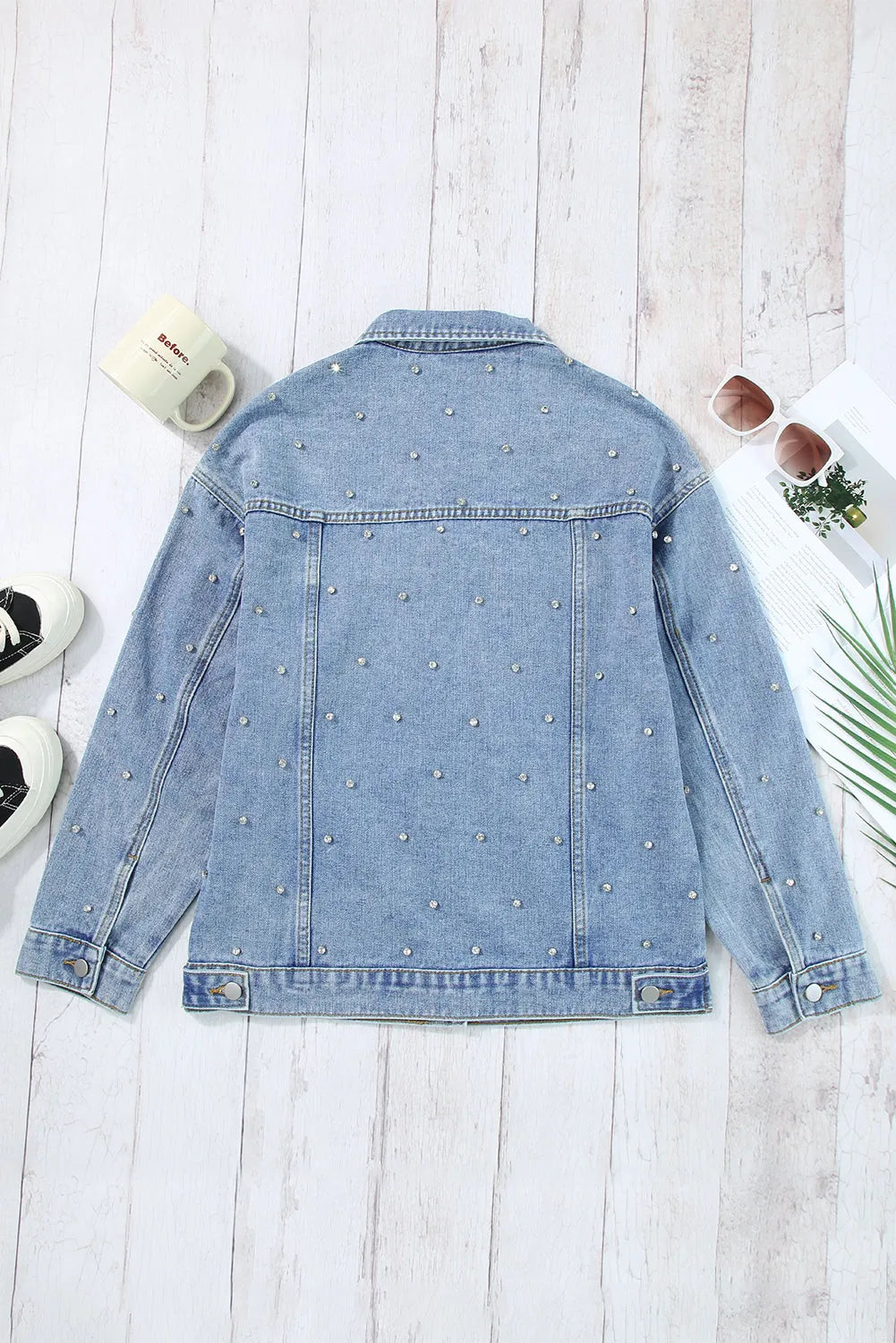 Mist Blue Rhinestones Studded Denim Jacket - Chic Meadow Boutique 