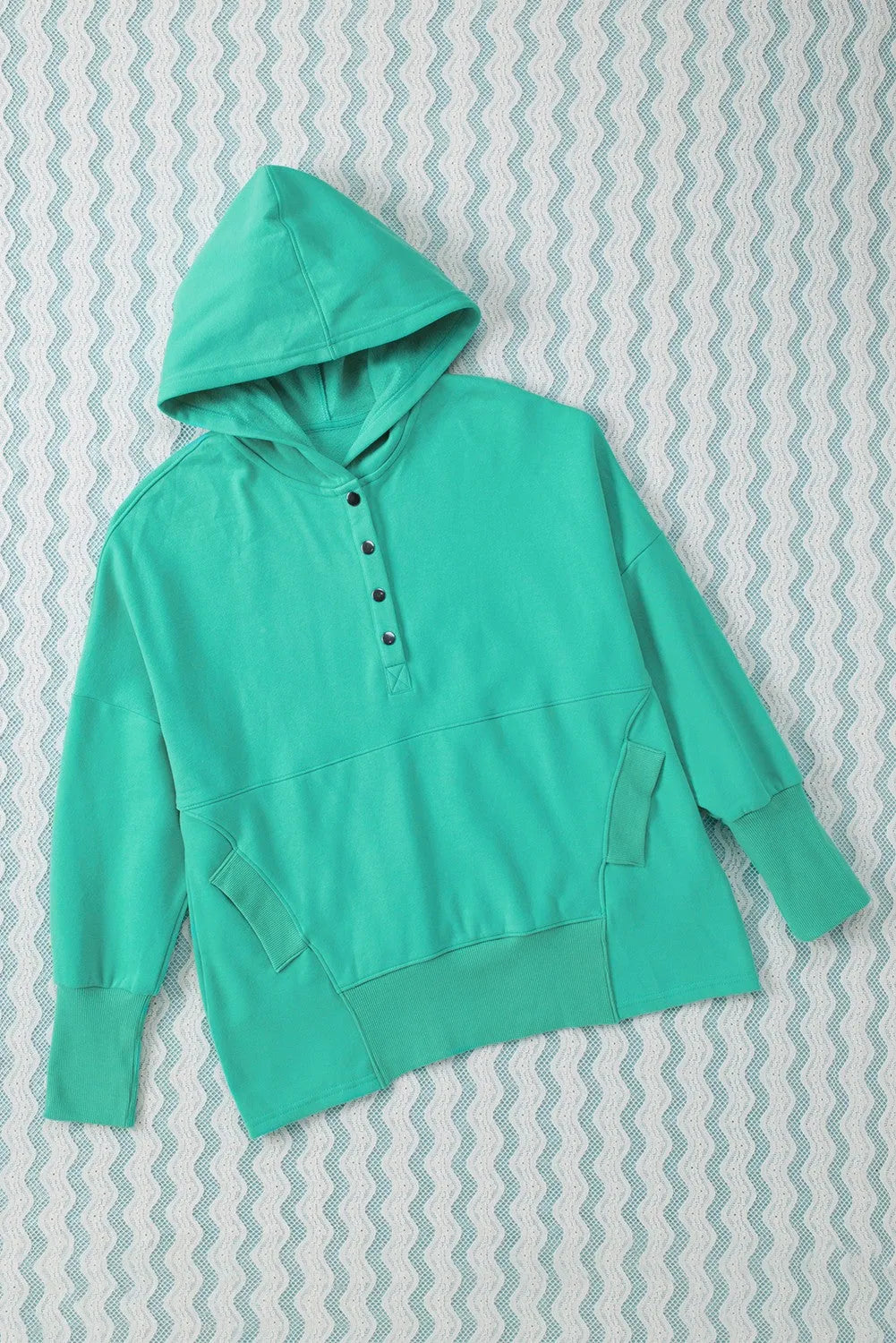 Turquoise Batwing Sleeve Pocketed Henley Hoodie - Chic Meadow Boutique 