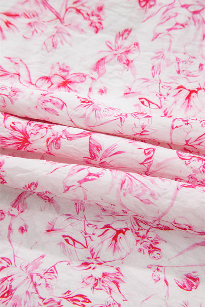 Pink Floral Ruffled Short Sleeve Bow Back Square Neck Blouse