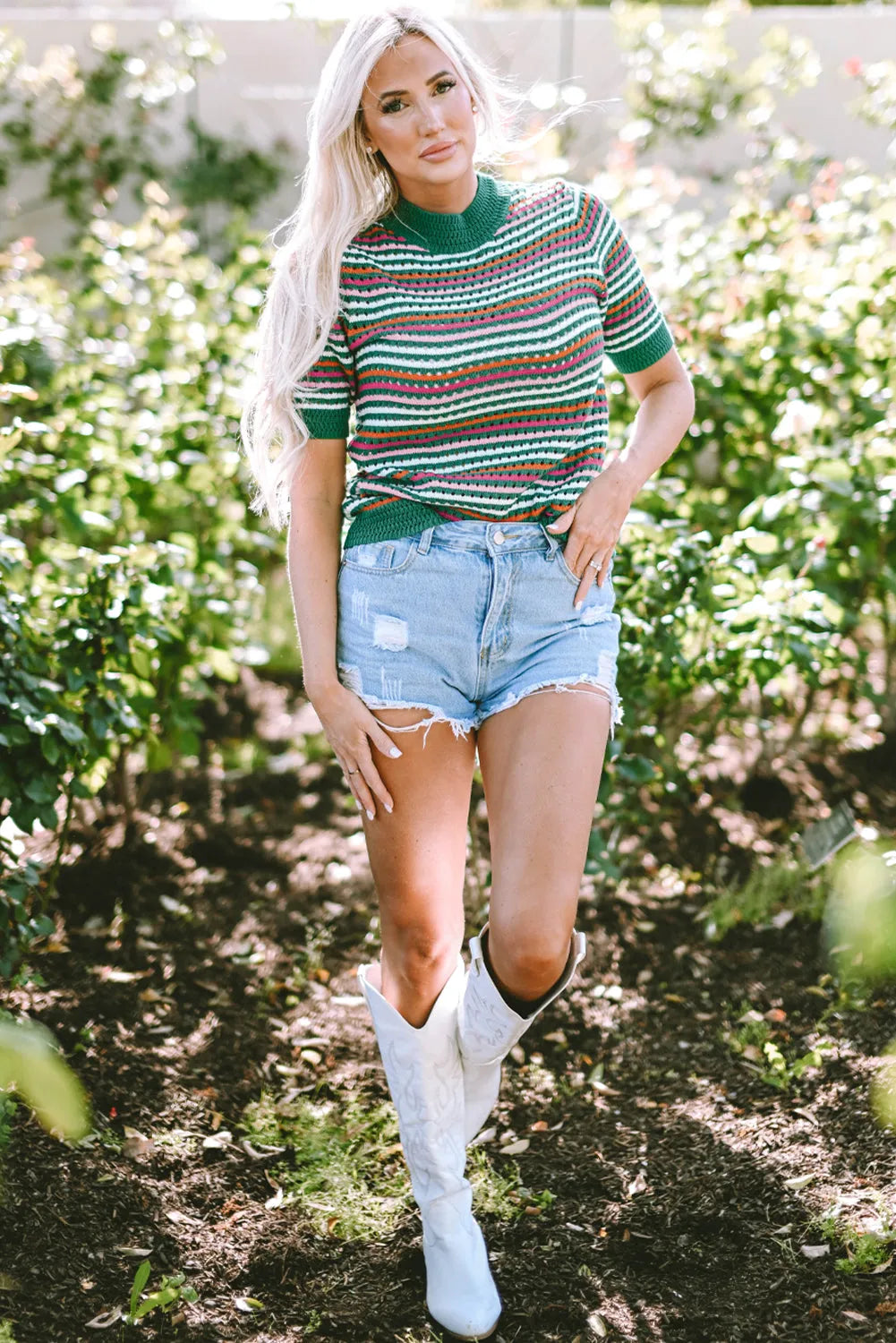 Dark Green Striped Pattern Contrast Trim Pointelle Knit T Shirt - Chic Meadow Boutique 