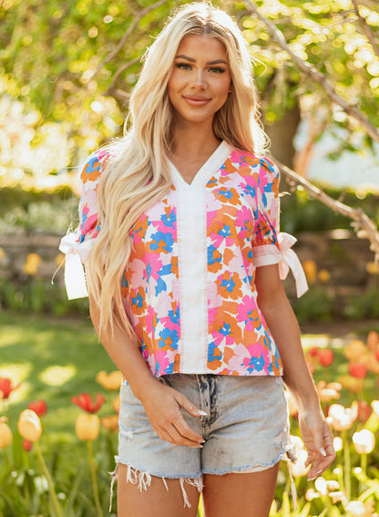 White Floral Colorblock Striped Edge V Neck Knotted Short Sleeve Blouse