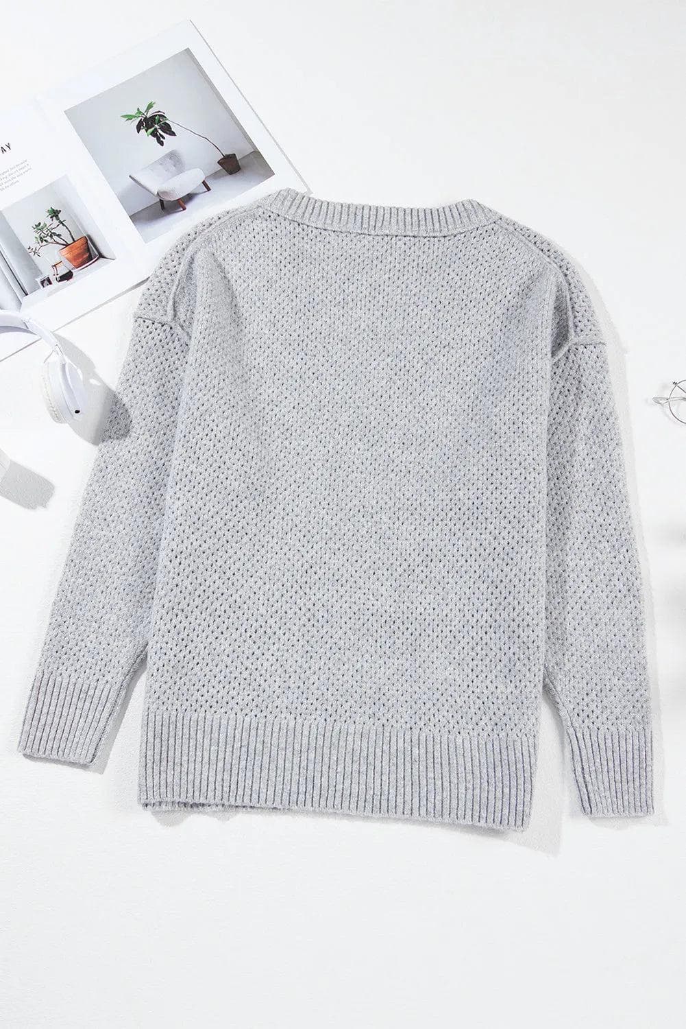 Sweaters & Cardigans/Sweaters Light Grey Loose Eyelet V Neck Drop Shoulder Sweater