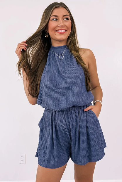 Bluing Knot Back High Neck Crinkle Textured Romper - Chic Meadow Boutique 