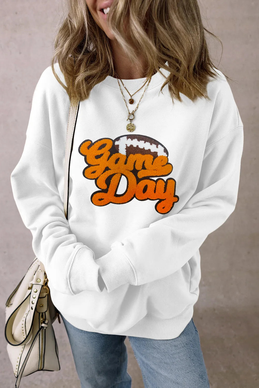 White Chenille Game Day Rugby Football Pattern Pullover Sweatshirt - Chic Meadow Boutique 