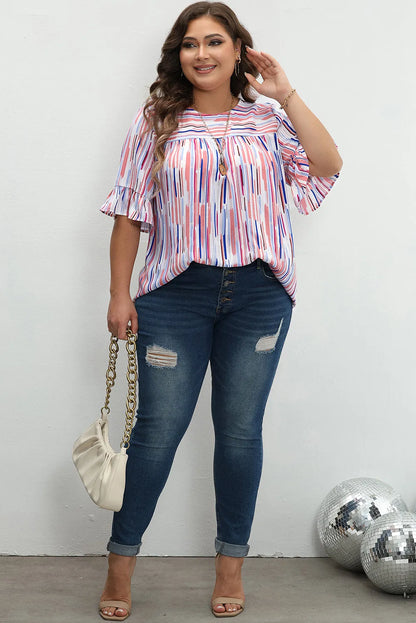 White Stripe Ruffled Short Sleeve Plus Size Blouse - Chic Meadow Boutique 