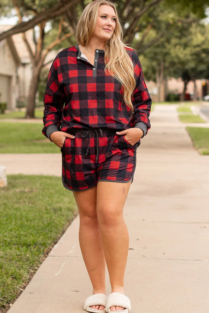 Fiery Red Christmas Buffalo Print Henley Top and Shorts Plus Size Set - Chic Meadow Boutique 