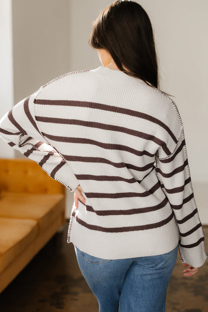 Brown Stripe Ribbed Henley Drop Shoulder Slouchy Sweater