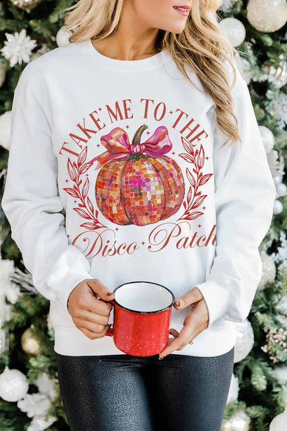 Beige Halloween Disco Ball Pumpkin Print Pullover Sweatshirt - Chic Meadow Boutique 