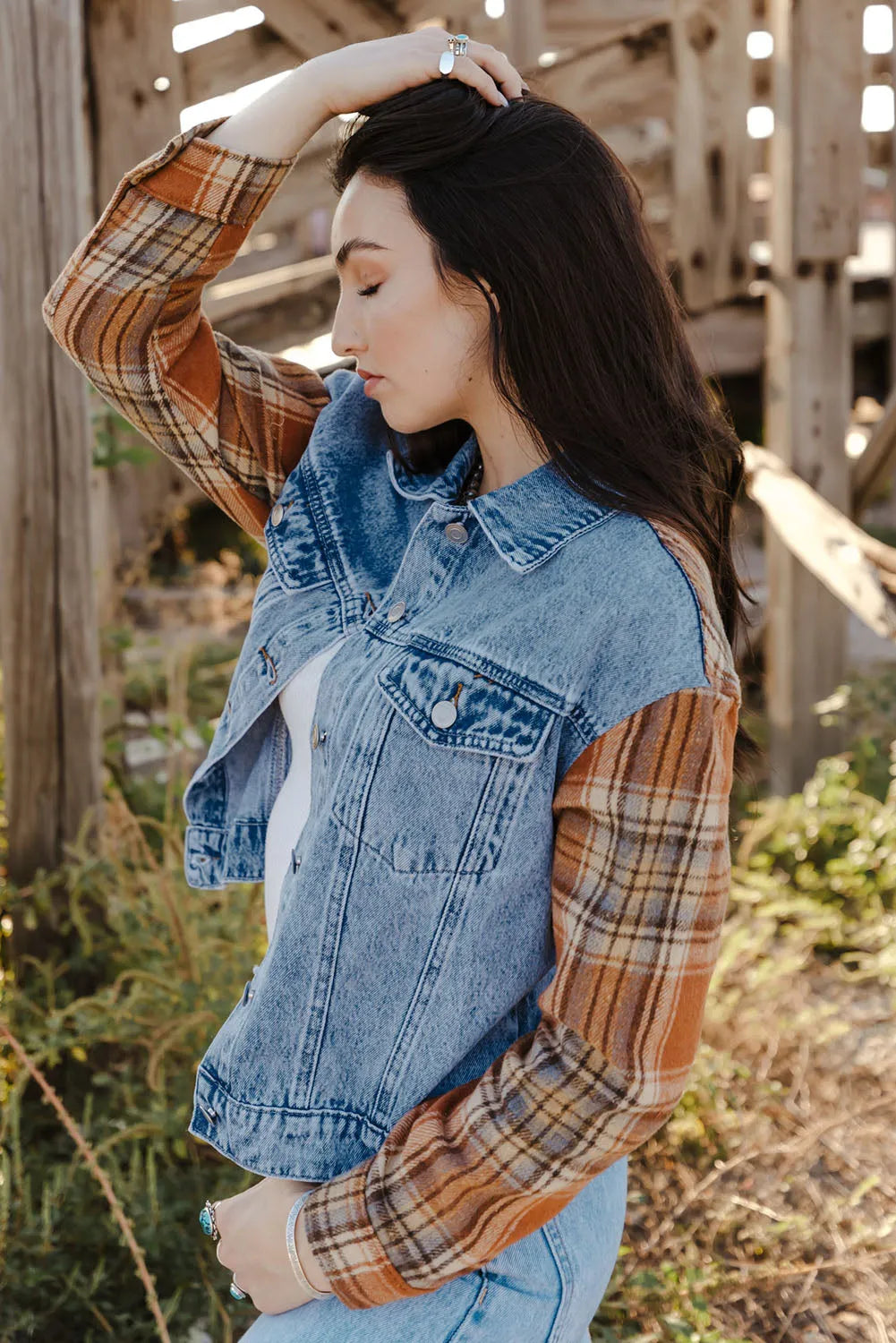 Sky Blue Medium Wash Plaid Sleeves Denim Jacket - Chic Meadow Boutique 