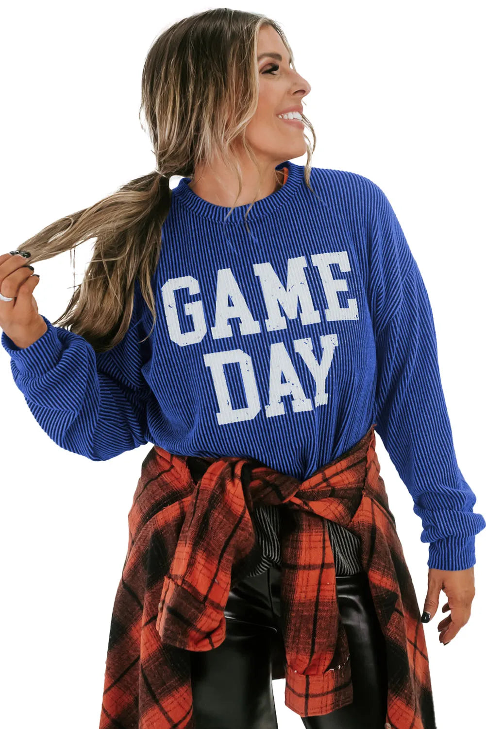 Bluing Corded GAME DAY Graphic Long Sleeve Crewneck Top - Chic Meadow Boutique 