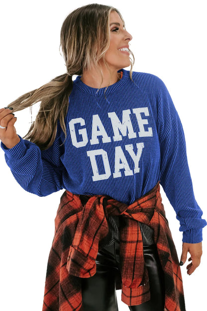 Bluing Corded GAME DAY Graphic Long Sleeve Crewneck Top - Chic Meadow Boutique 