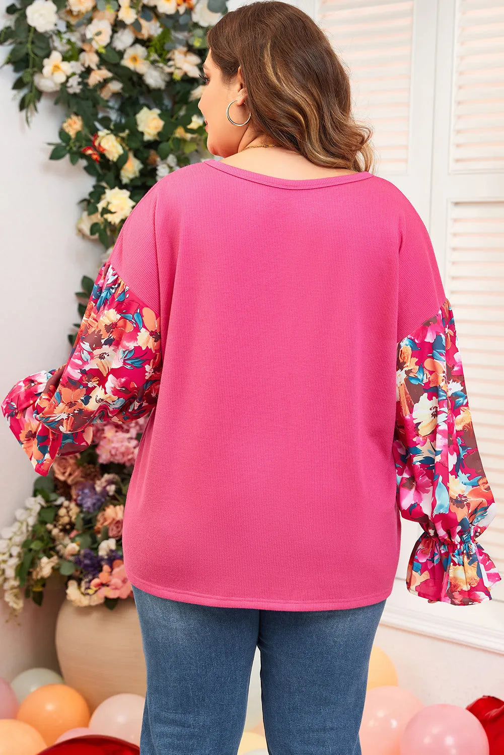 Bright Pink Floral Patchwork Flounce Sleeve Rib Knit Plus Top - Chic Meadow Boutique 