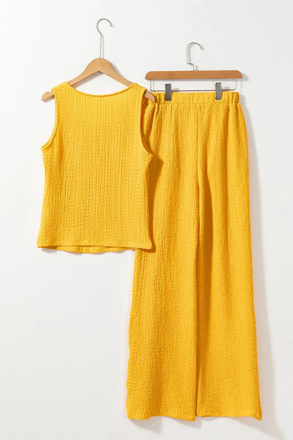 Yellow Crinkled U Neck Tank Top and Wide Leg Pants Set - Chic Meadow Boutique 