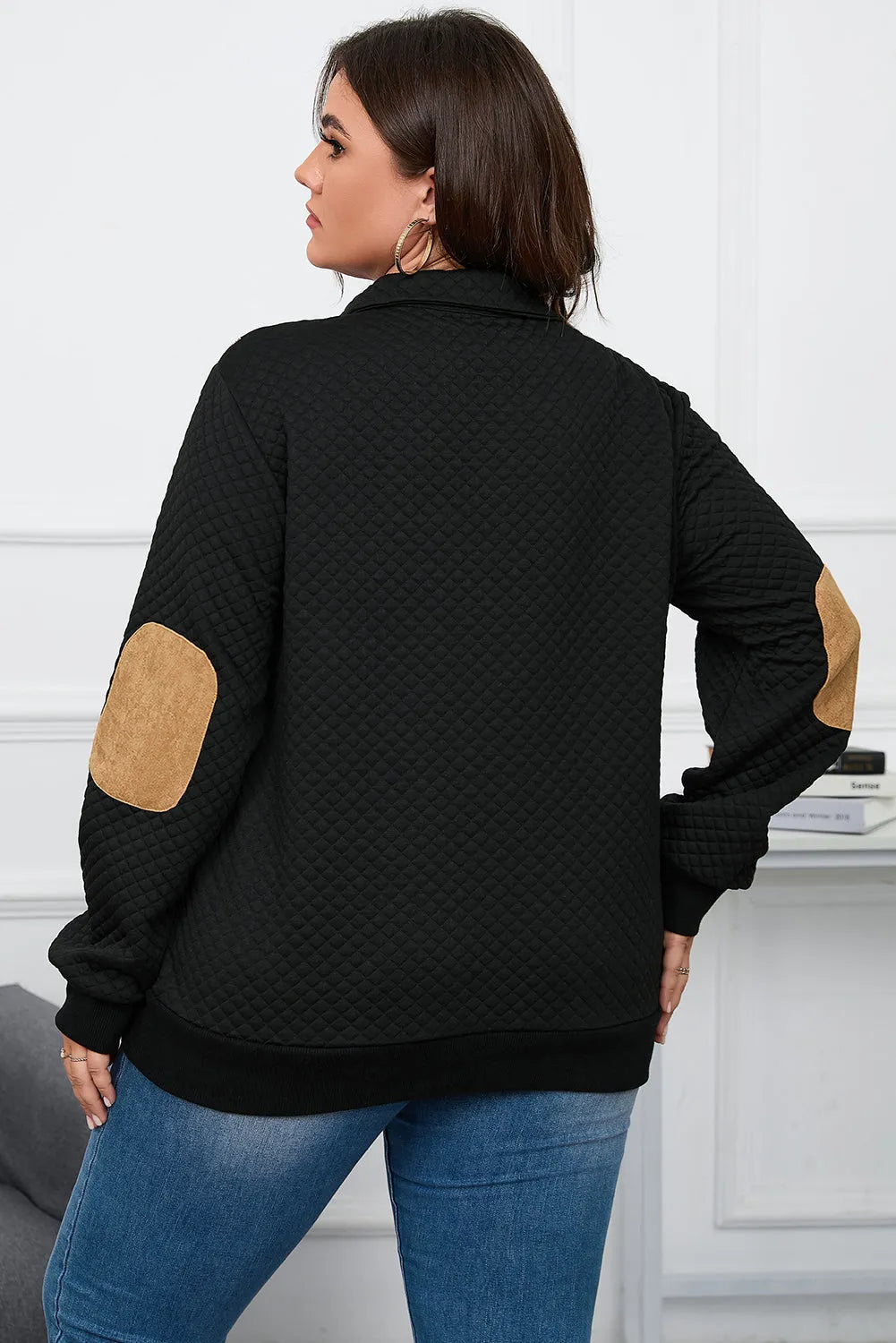 Black Plus Size Quilted Plaid Patch Henley Sweatshirt - Chic Meadow Boutique 