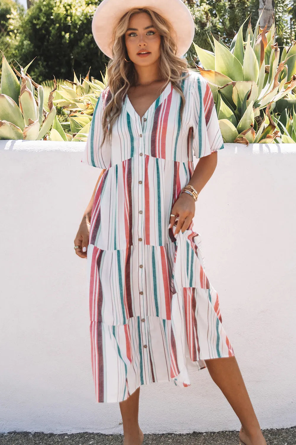 Serape Striped V Neck Buttoned Shirt Dress - Chic Meadow Boutique 