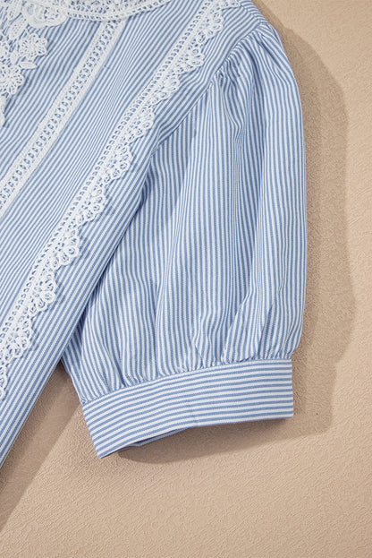 Sky Blue Stripe Floral Lace Splicing Puff Sleeve Blouse
