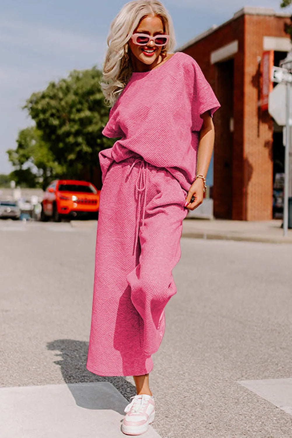 Strawberry Pink Textured Loose Fit T Shirt and Drawstring Pants Set - Chic Meadow Boutique 