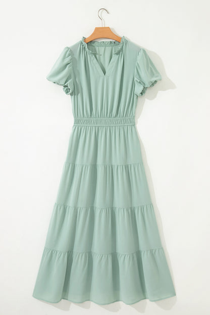 Clearly Aqua Solid Color V Neck Short Puff Sleeve High Waist Tiered Maxi Dress