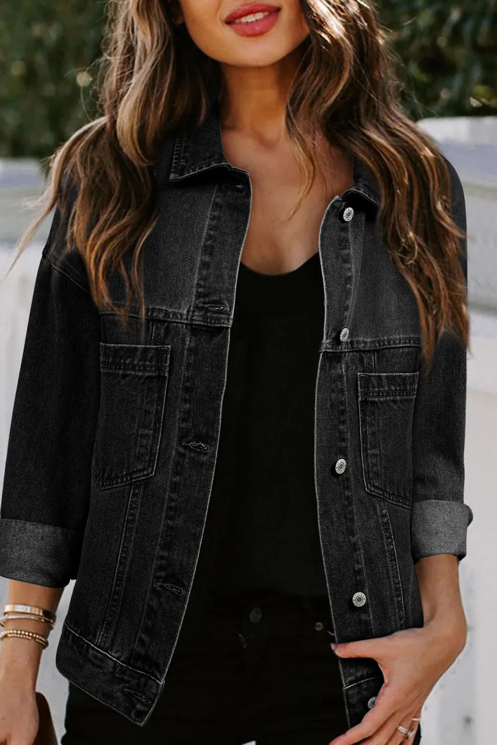 Black Washed Oversize Pocketed Denim Jacket - Chic Meadow Boutique 