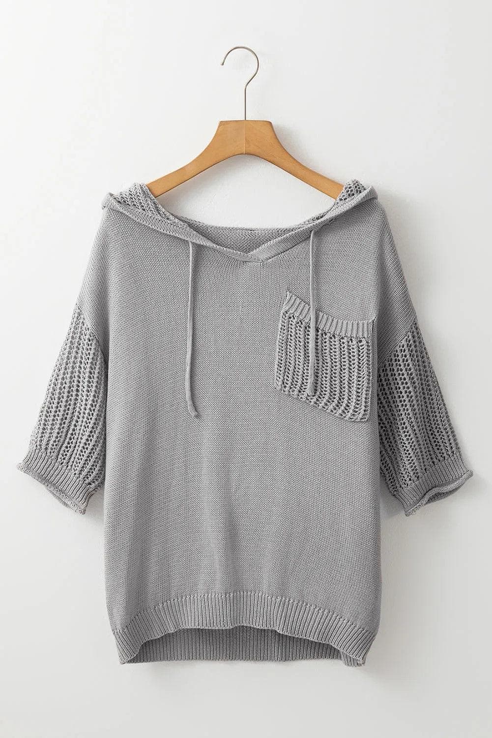 Sweaters & Cardigans/Short Sleeve Sweaters Light Grey Openwork Drawstring Hooded Short Sleeve Sweater Top