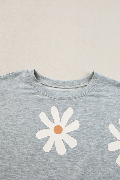 Gray Daisy Flower Printed Casual T Shirt - Chic Meadow Boutique 