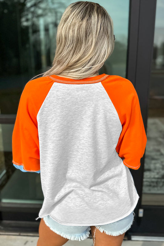 Light Grey Thanksgiving Turkey Sequin Graphic Color Block Long Raglan Sleeve Top