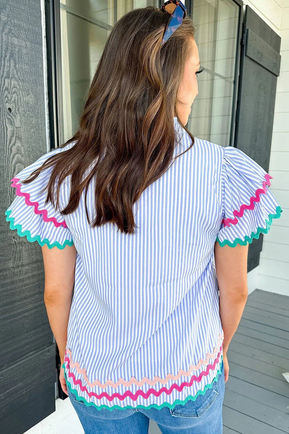 Sky Blue Stripe Ricrac Trim Split Neck Striped Ruffled Sleeve Blouse - Chic Meadow Boutique 