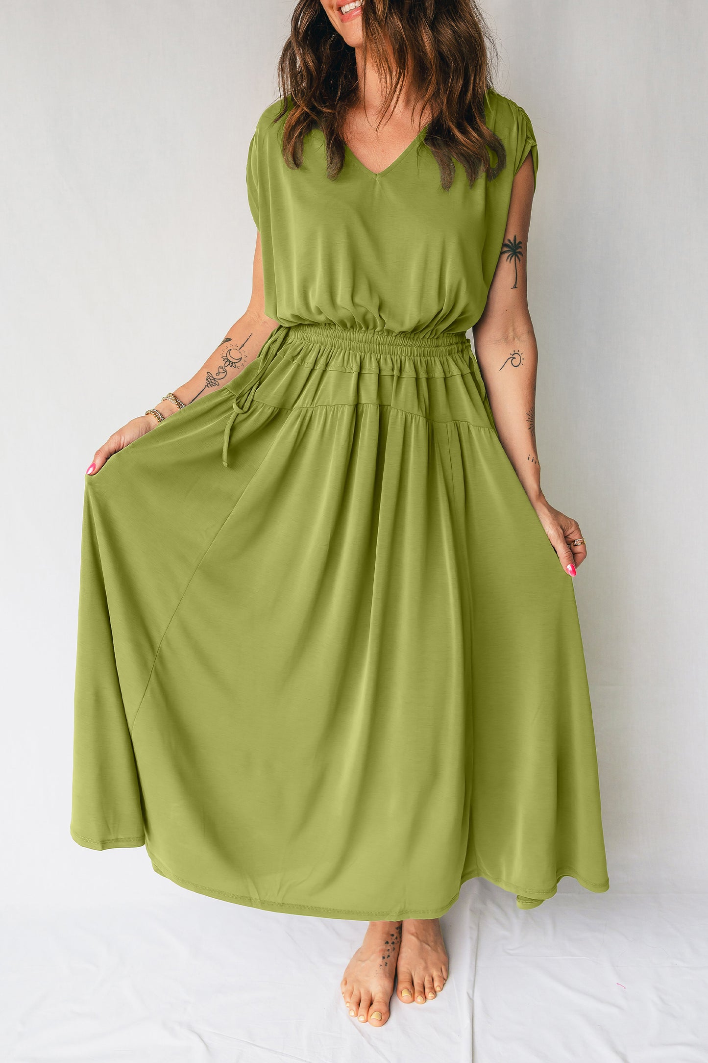 Fern Green Solid V Neck Cap Sleeve Tunic Elastic Waist Versatile Maxi Dress