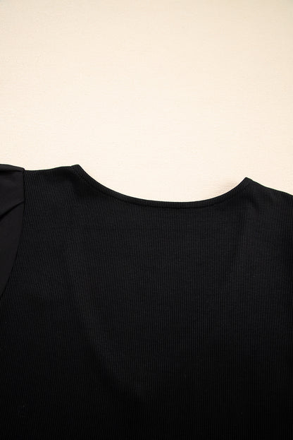 Black Mesh Ruffled Sleeve Slim Fit V Neck Top