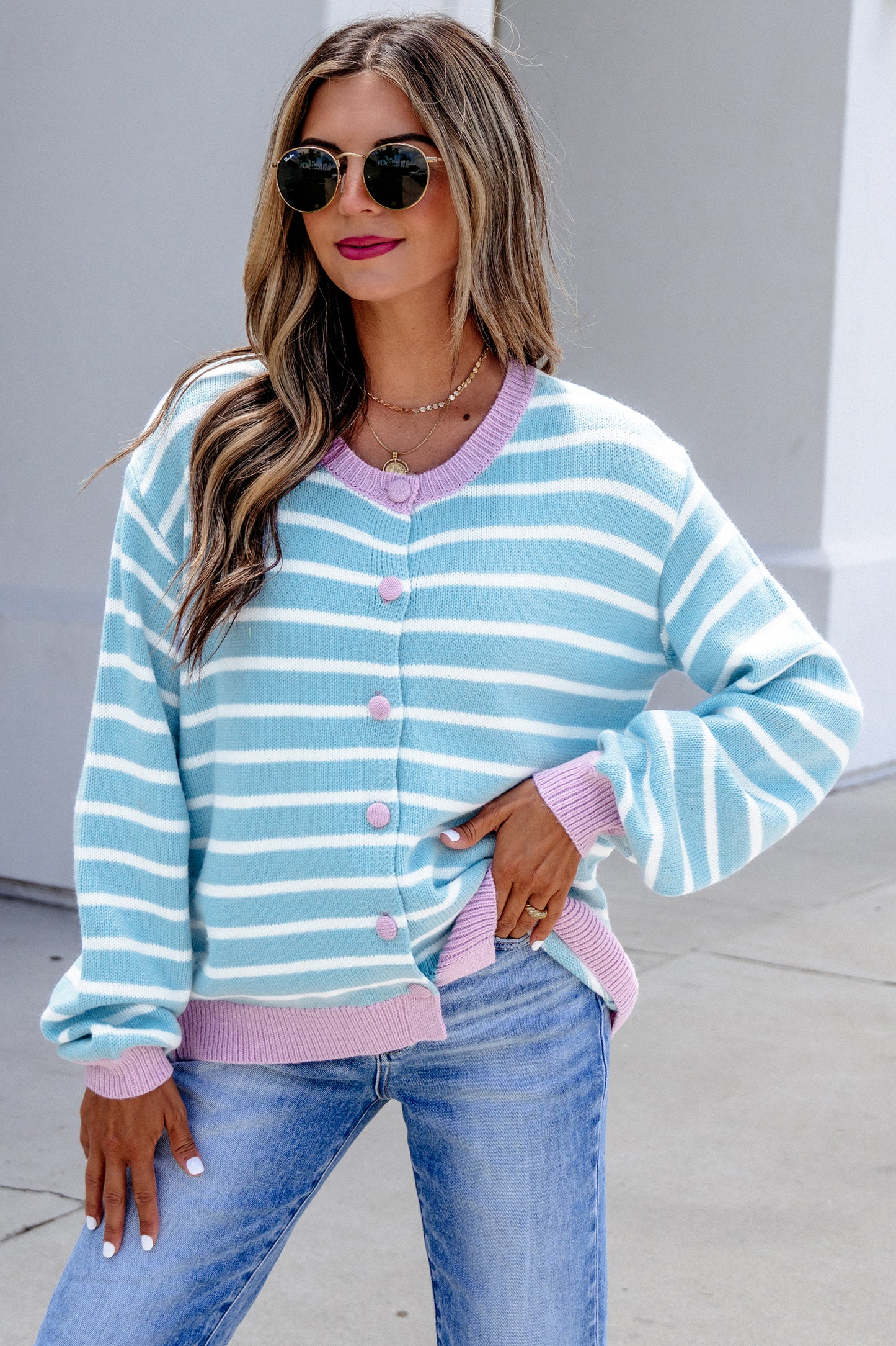 Sky Blue Stripe Striped Long Sleeve Round Neck Casual Open Front Cardigan