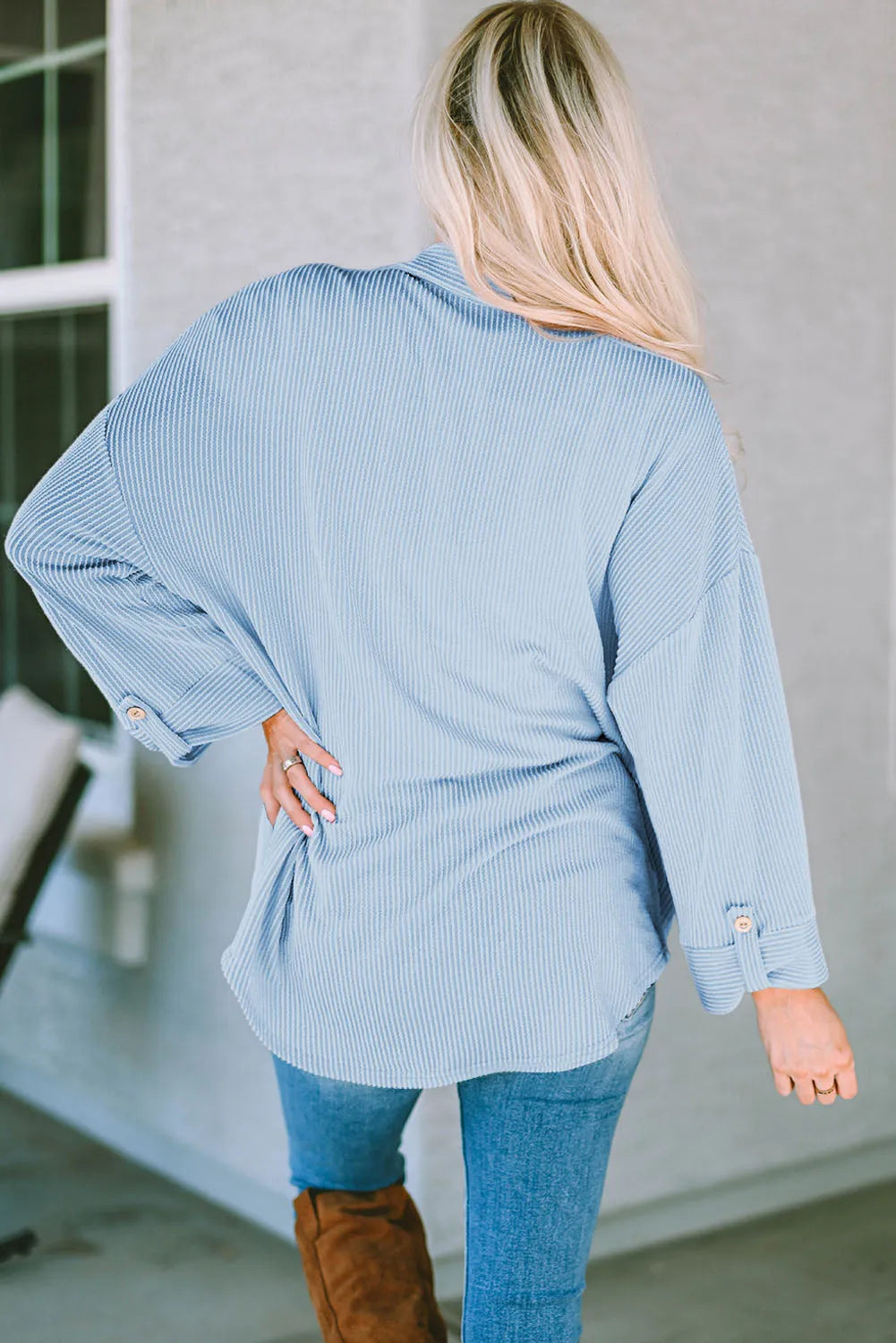 Sky Blue Roll Tab Sleeve Ribbed Cording Shacket - Chic Meadow Boutique 