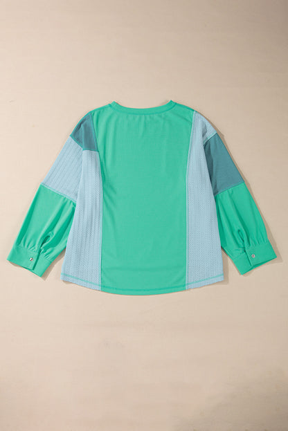 Green Colorblock Stitching Patchwork Buttoned Long Sleeve Top - Chic Meadow Boutique 