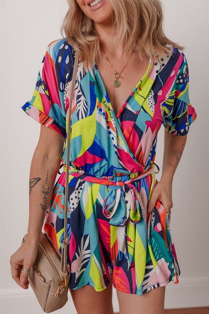 Multicolour Tropical Printed Surplice Neck Tie Waist Romper