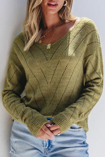 Sage Green Solid Eyelet Drop Shoulder V Neck Sweater - Chic Meadow Boutique 